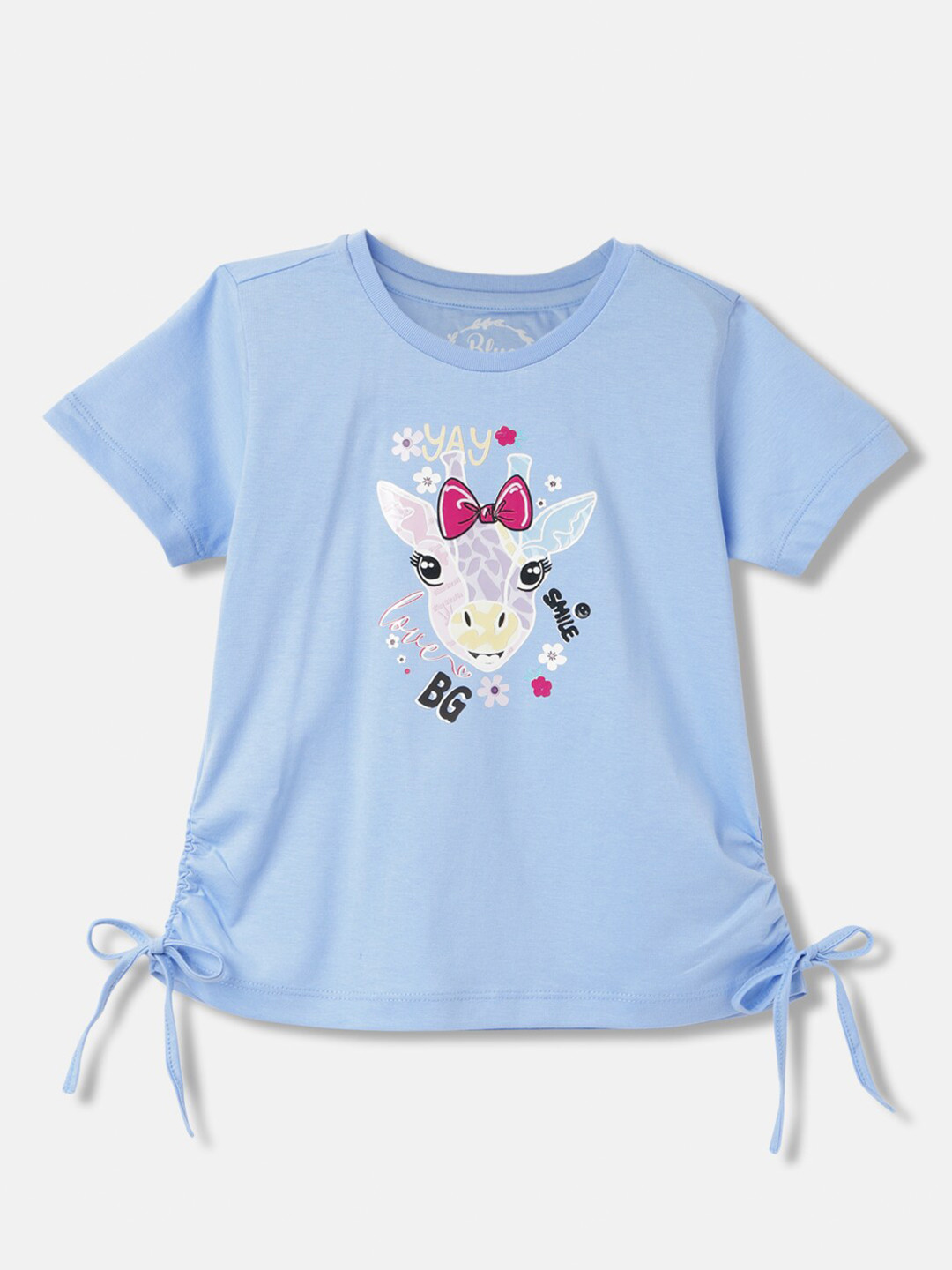 Blue Giraffe Girls Graphic Printed Round Neck Cotton T-shirt