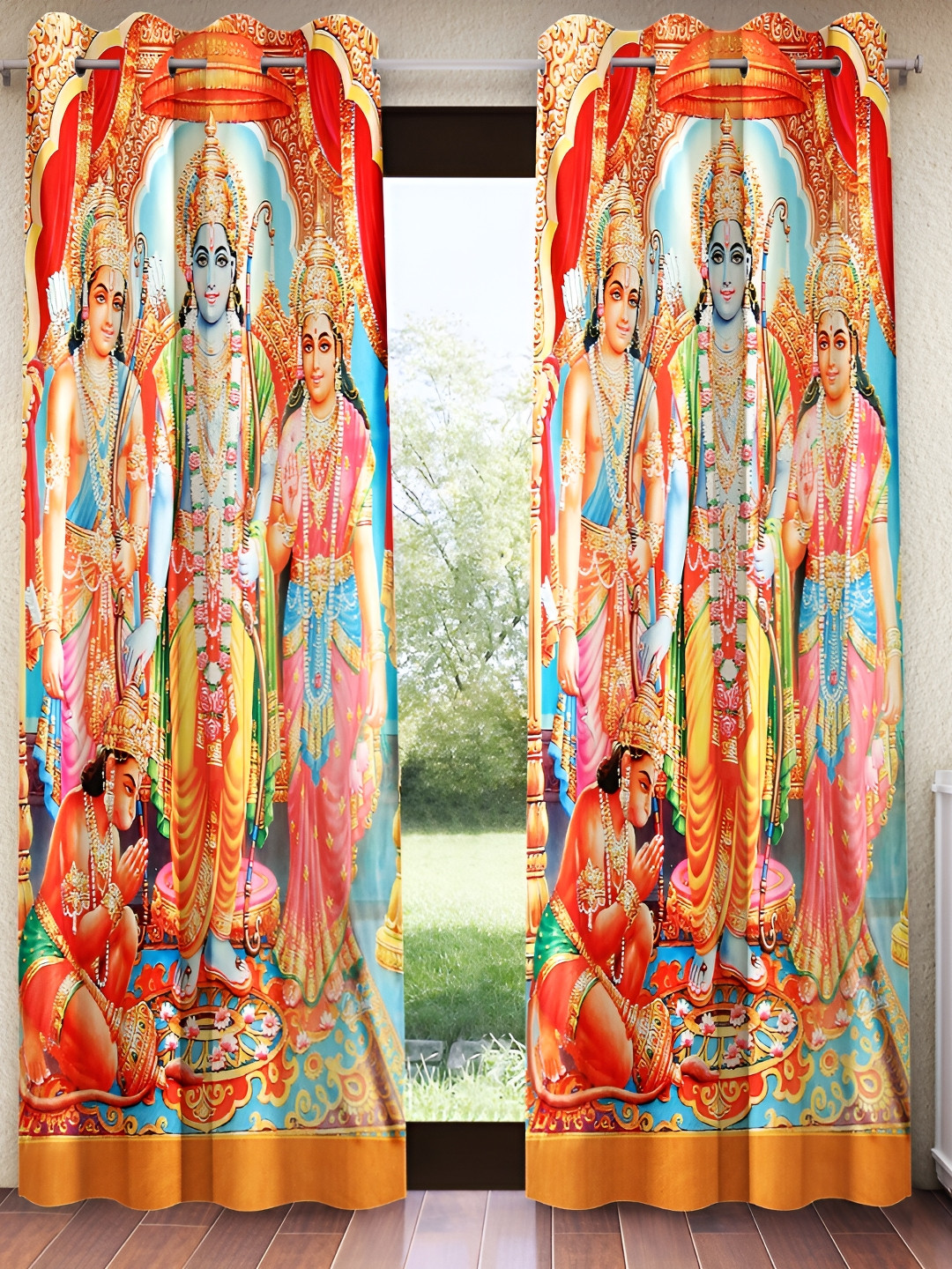 Home Sizzler Orange Coloured & Red 2 Pcs Ethnic Motifs Printed Room Darkening Door Curtain