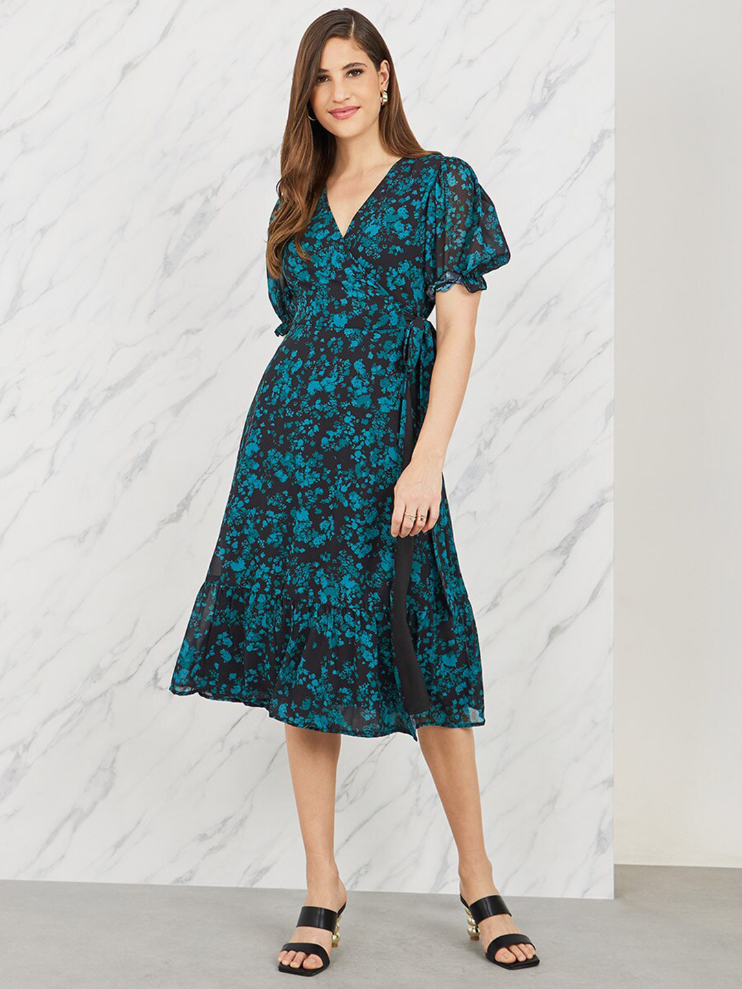 Styli Floral Printed V-Neck Puff Sleeves Wrap Midi Dress