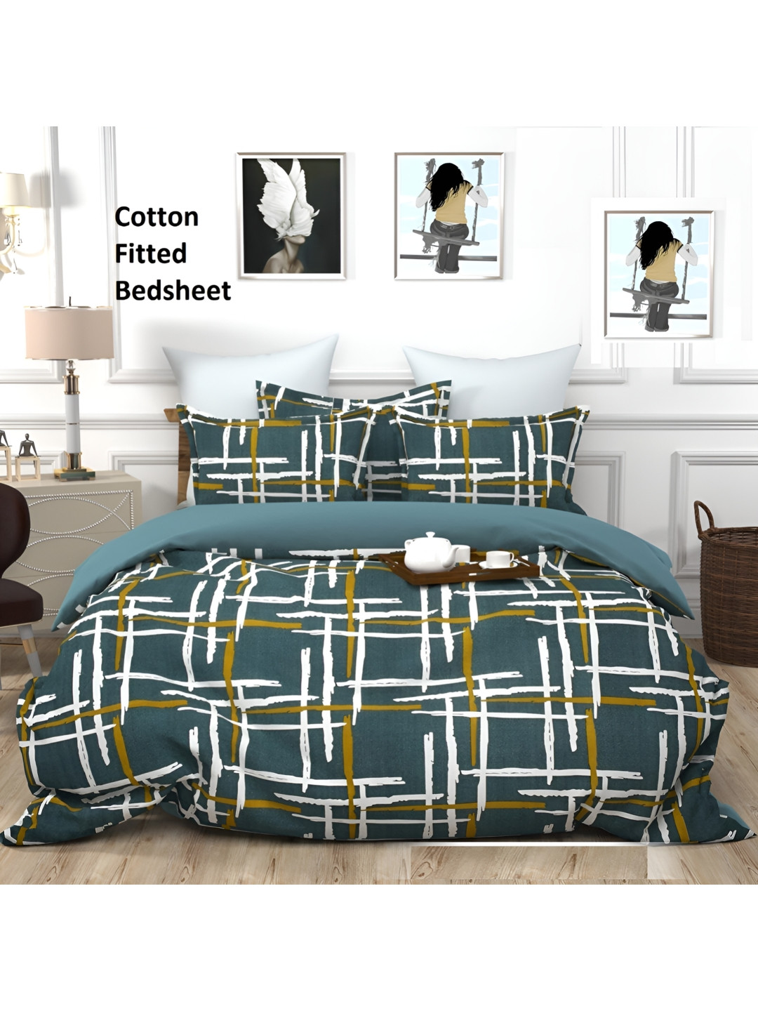 Supreme Home Collective Designer Grey Abstract Cotton 144 TC Fitted Queen Fine Bedsheet with 2 Pillow Covers-228 x 228 cm