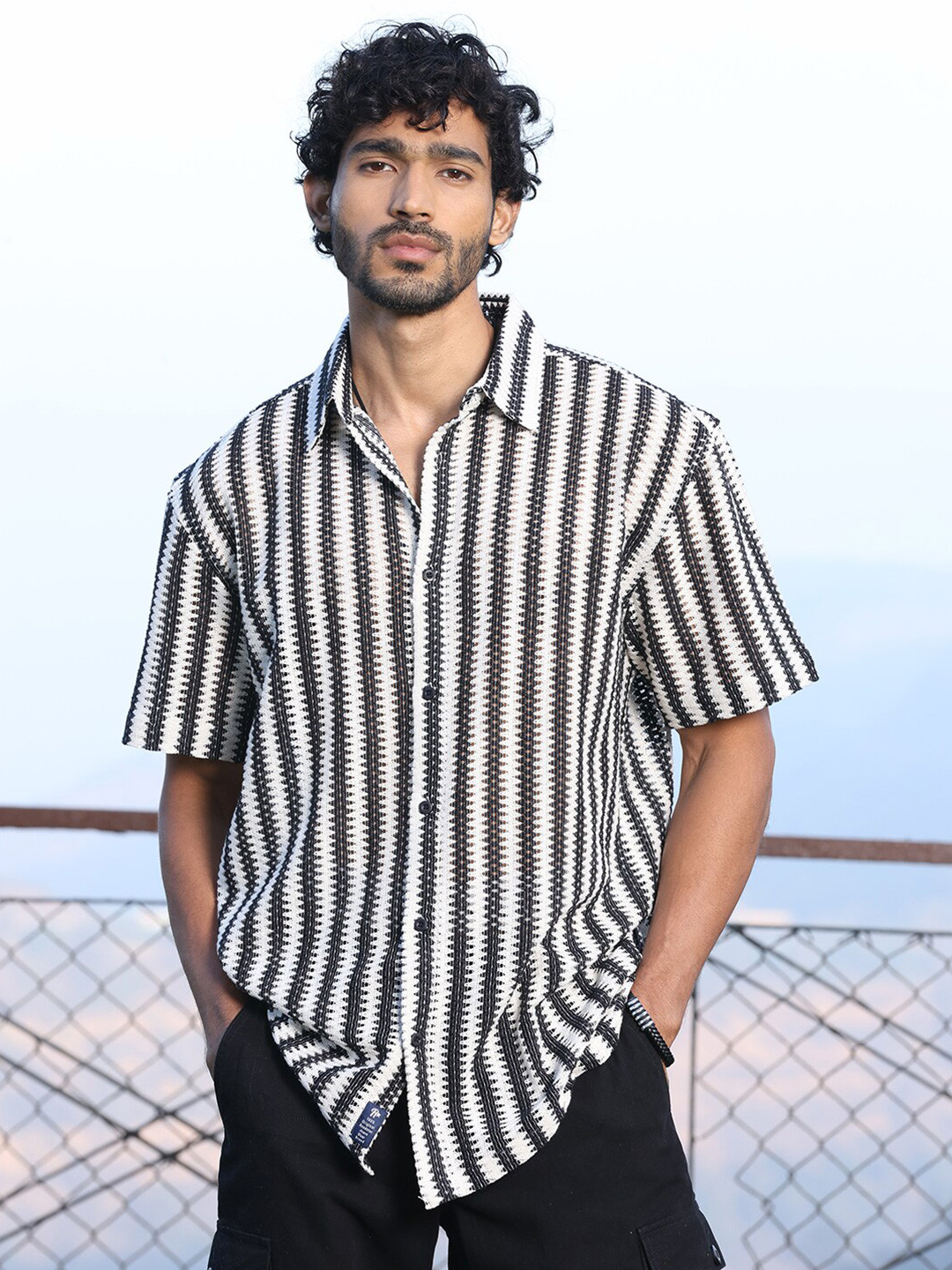 The Roadster Lifestyle Co  Cotton Crochet Semi Sheer Premium Oversized Shirt