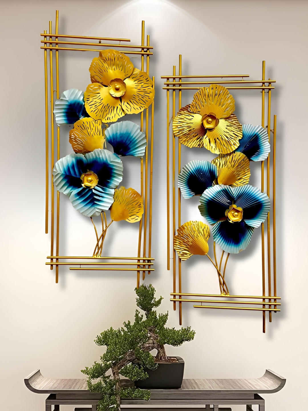 RSN Flower Wall Art Metal Glossy Hanging Hall 2Pcs Floral Wall Decor-40.9In