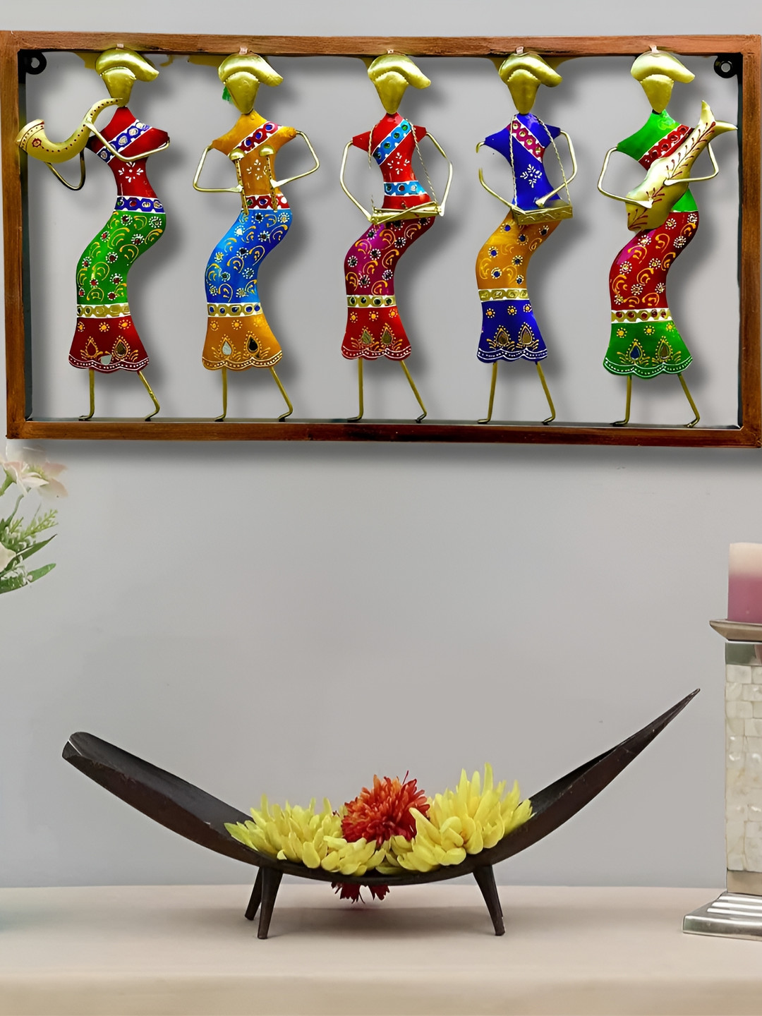 RSN 5 Musicians Doll Playing Instruments Metal Ethnic Motifs Glossy Wall Hangings-31In