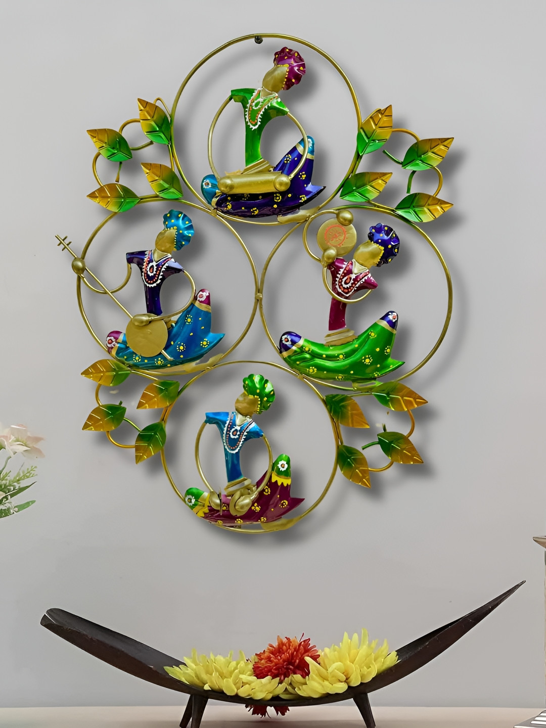 RSN Rajasthani Musician Doll Frame Metal Ethnic Motifs Glossy Hall Wall Hangings-23.6In