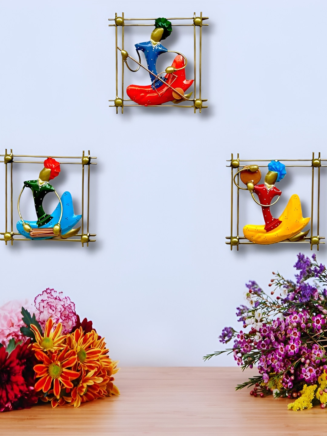 RSN Musician Metal Ethnic Motifs Glossy Hanging Hall 3Pcs Wall Hangings-8.5In