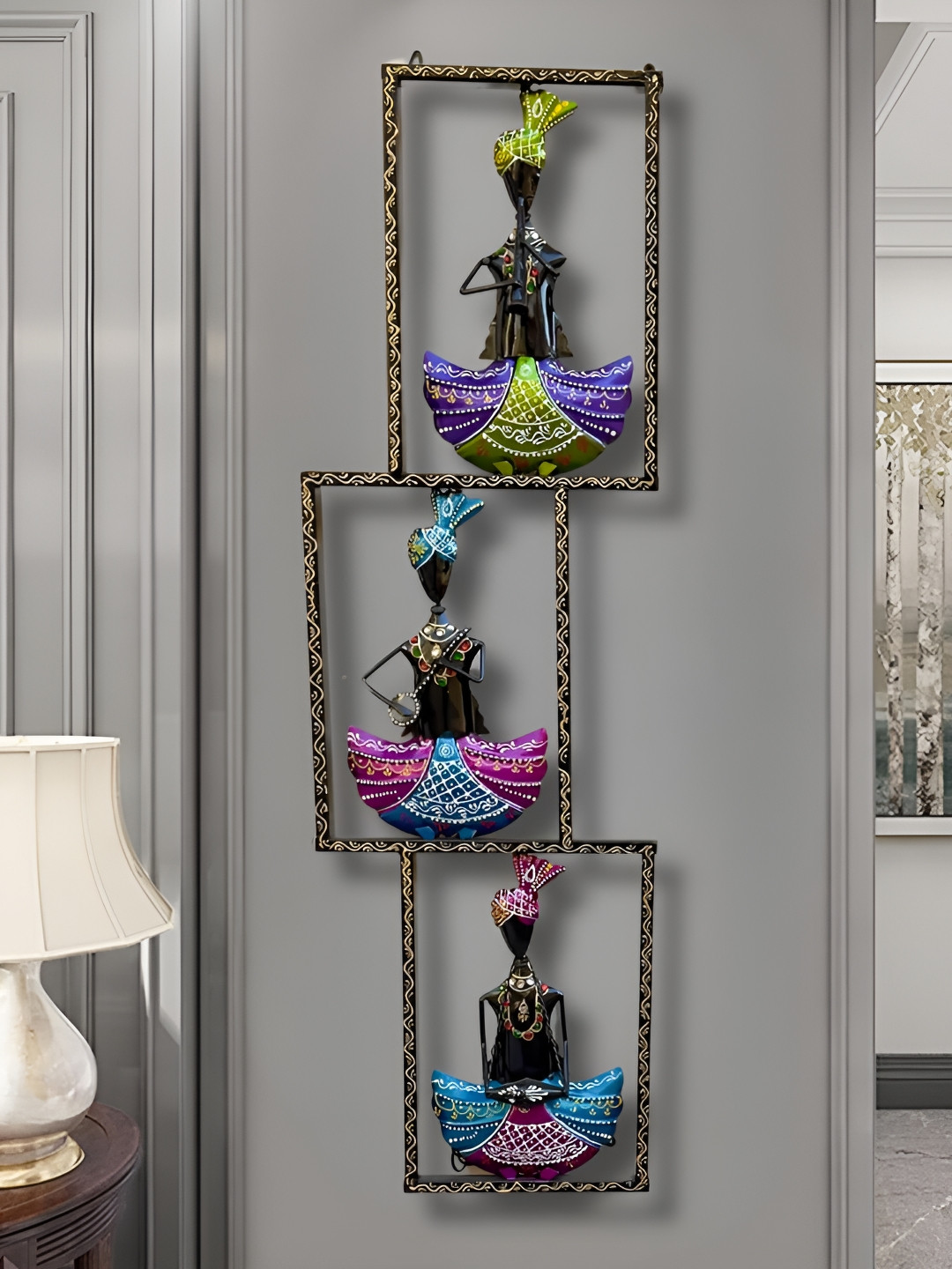 RSN Rajasthani Musicians Metal Ethnic Motifs Glossy Hanging Hall 3Pcs Wall Hangings-30In