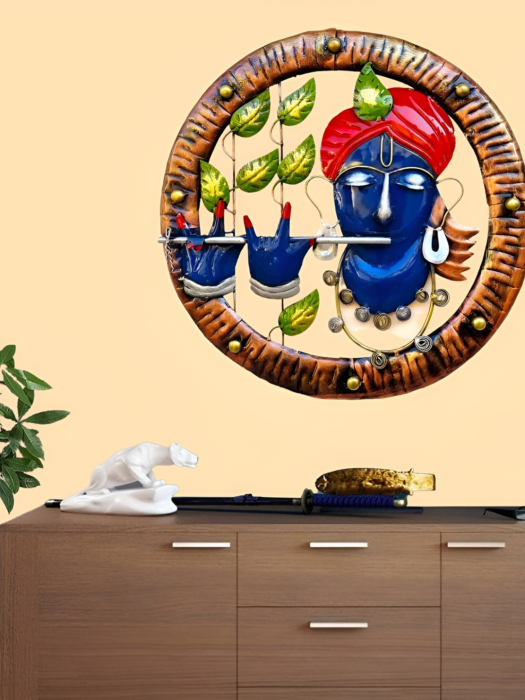 RSN Krishna Playing Basuri Metal Ethnic Motifs Glossy Hall Spiritual Wall Decor-19In