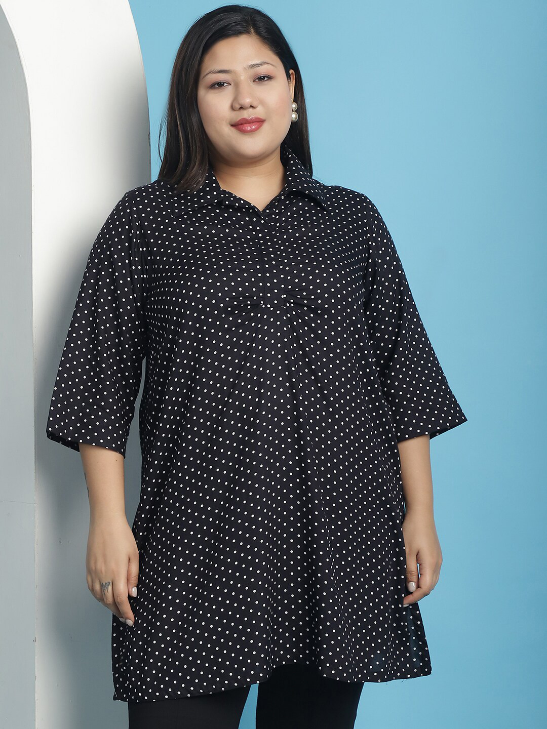 theRebelinme Plus Size Geometric Print Shirt Style Gathered Or Pleated Longline Top
