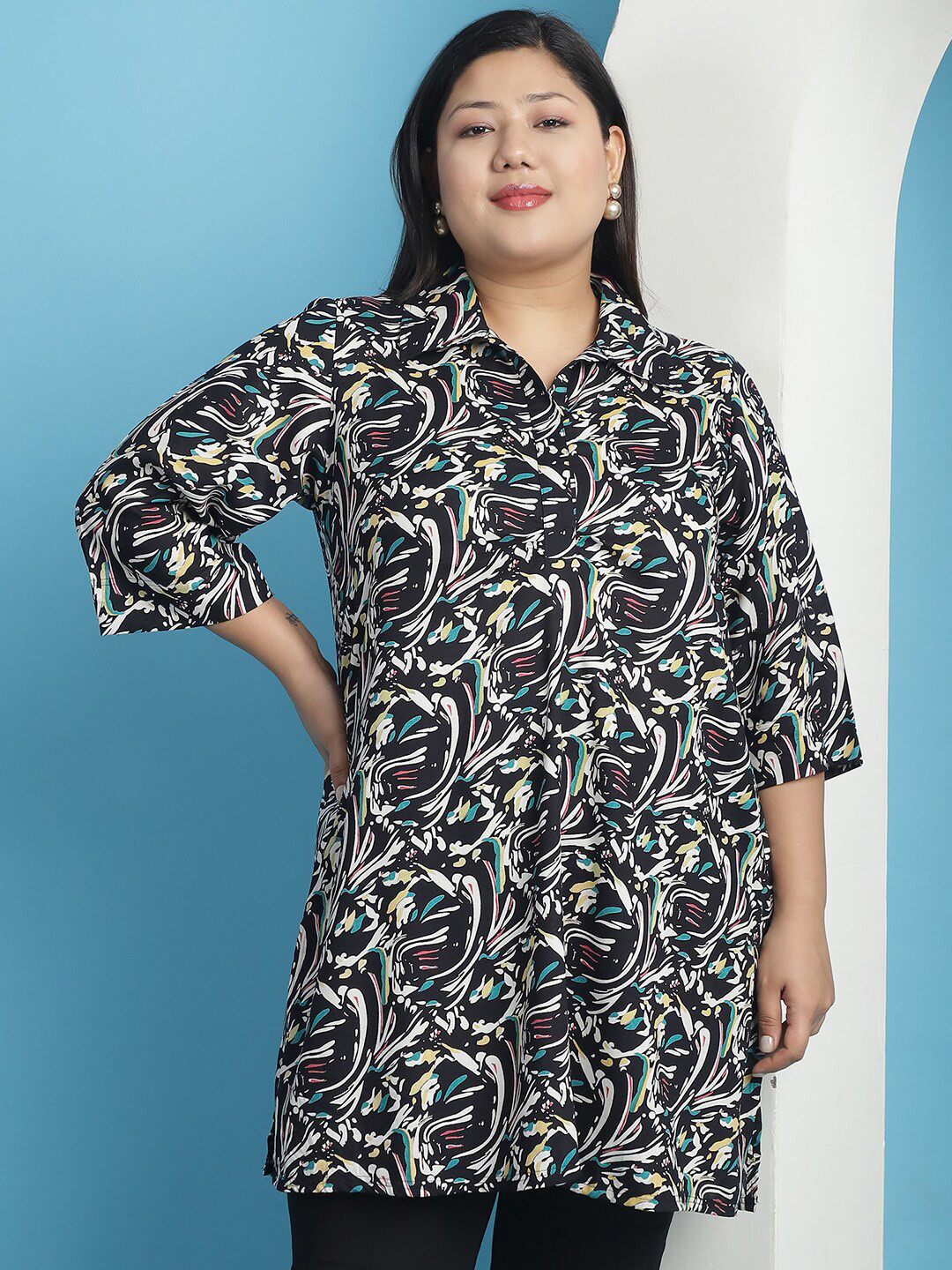 theRebelinme Plus Size Floral Print Shirt Style Gathered Or Pleated Longline Top