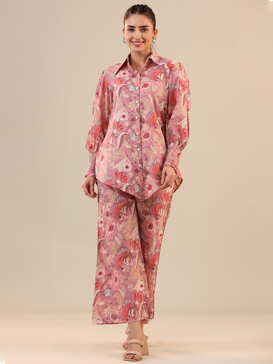 JISORA Pink Floral Printed Pure Cotton Night Suit