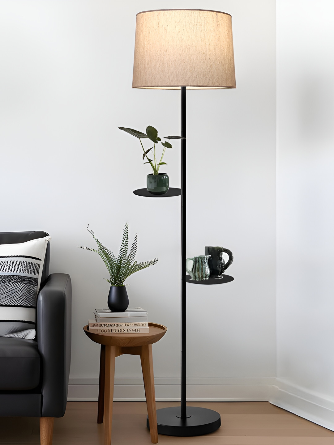 Homesake Black & Beige Dual Shelf Metal Floor Lamp with Fabric Shade