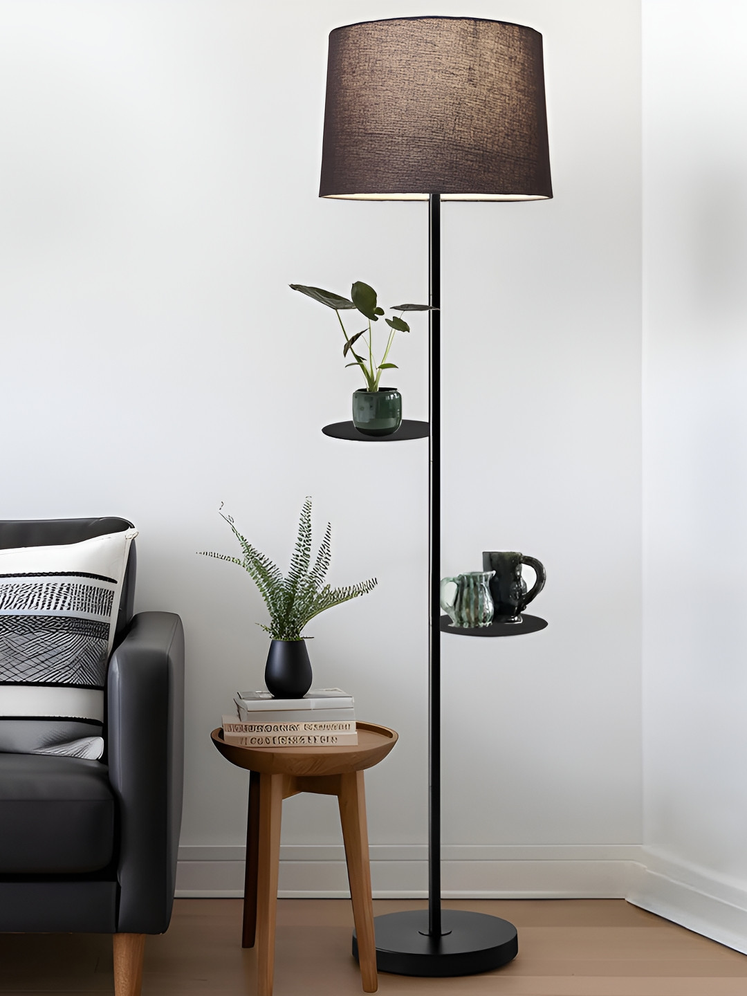 Homesake Black & Grey Dual Shelf Metal Floor Lamp with Fabric Shade