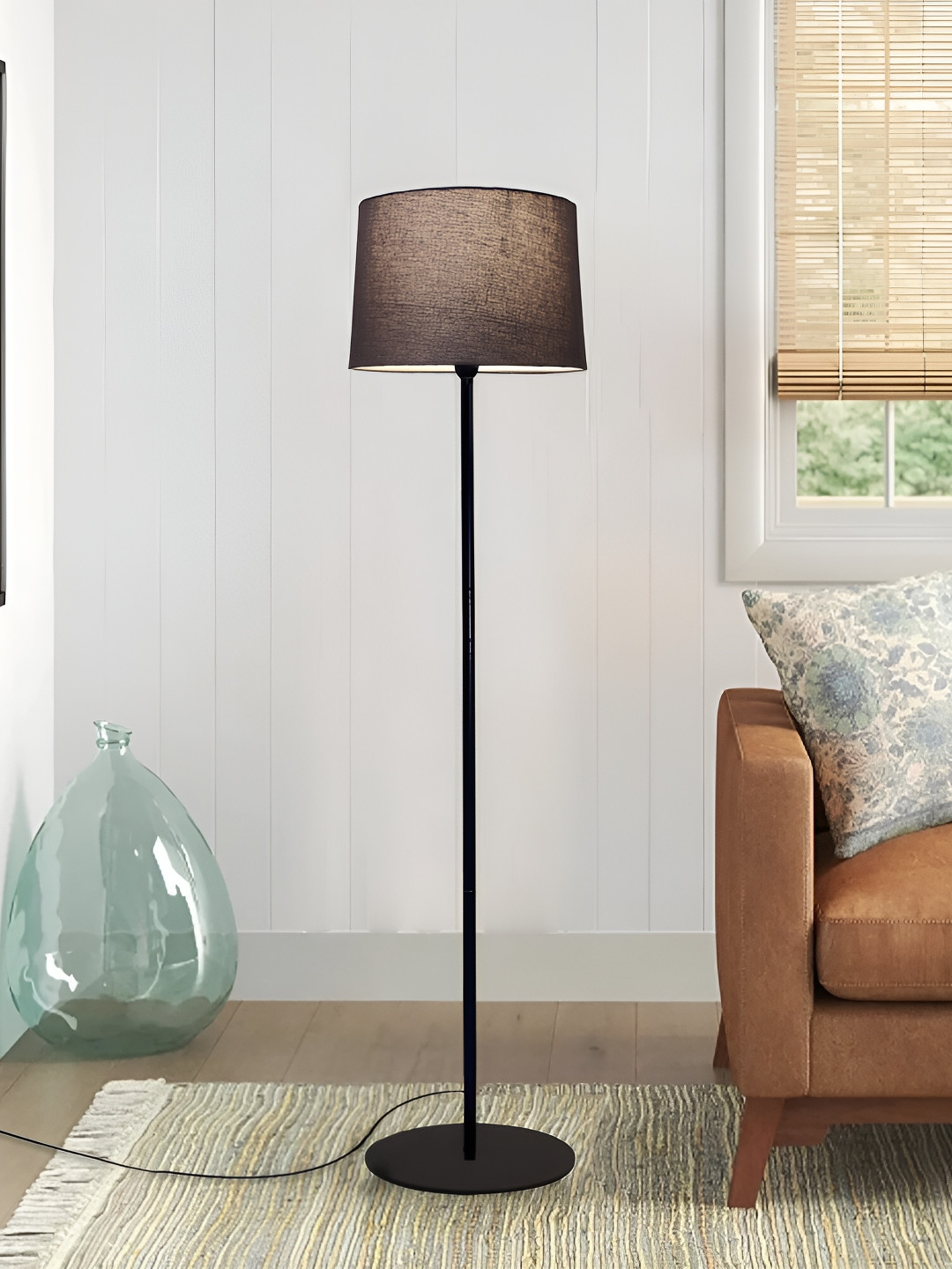 Homesake Grey & Black Modern Metal Floor Lamp with Jute Shade