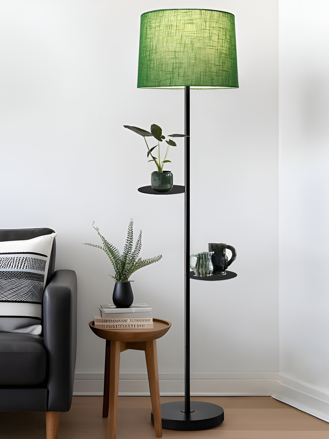 Homesake Black & Green Dual Shelf Metal Floor Lamp with Fabric Shade