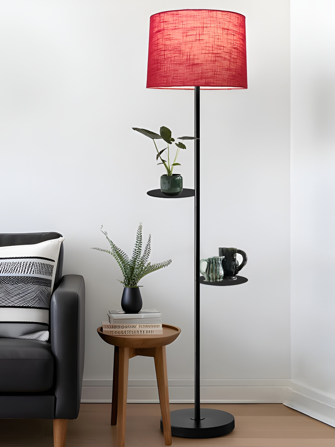 Homesake Black & Red Dual Shelf Metal Floor Lamp with Fabric Shade