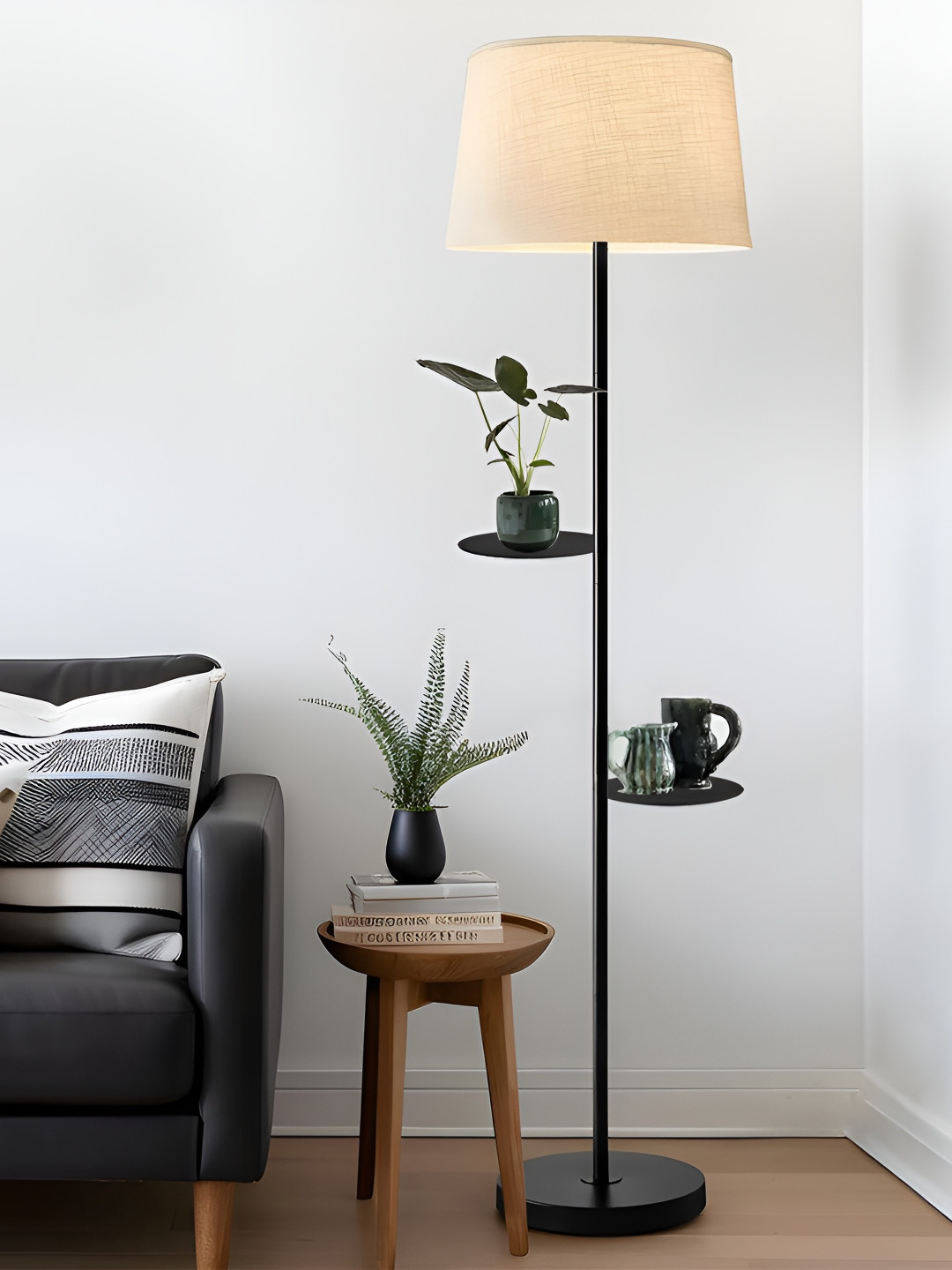 Homesake Black & White Dual Shelf Metal Floor Lamp with Fabric Shade