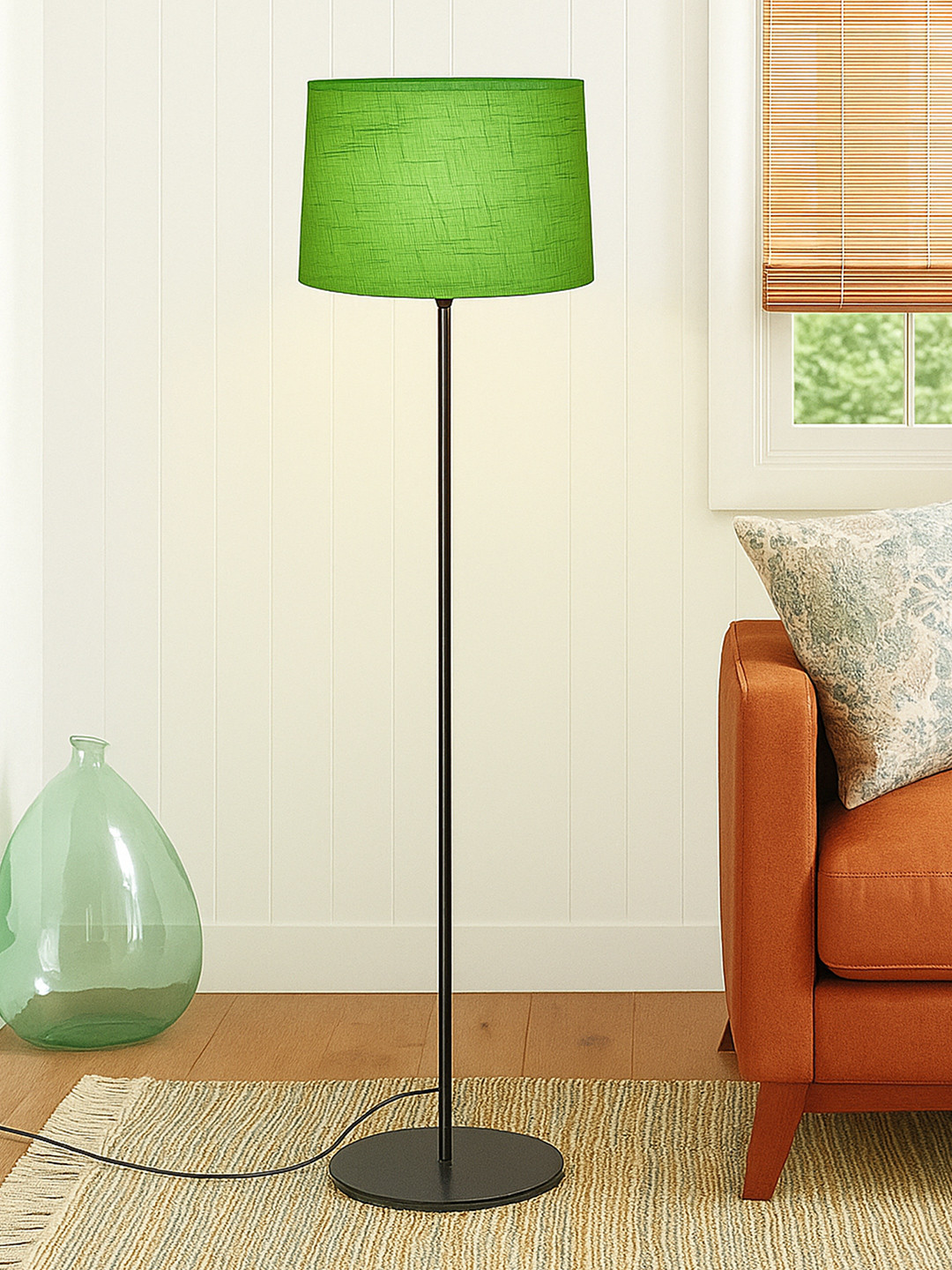 Homesake Green & Black Mid-Century Metal Pole Lamp with Jute Shade