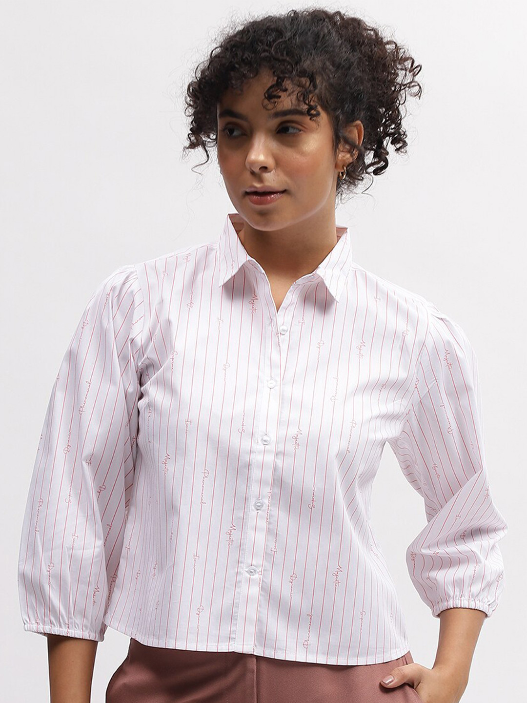 Iconic Vertical Striped Spread Collar Puff Sleeves Crop Casual Shirt