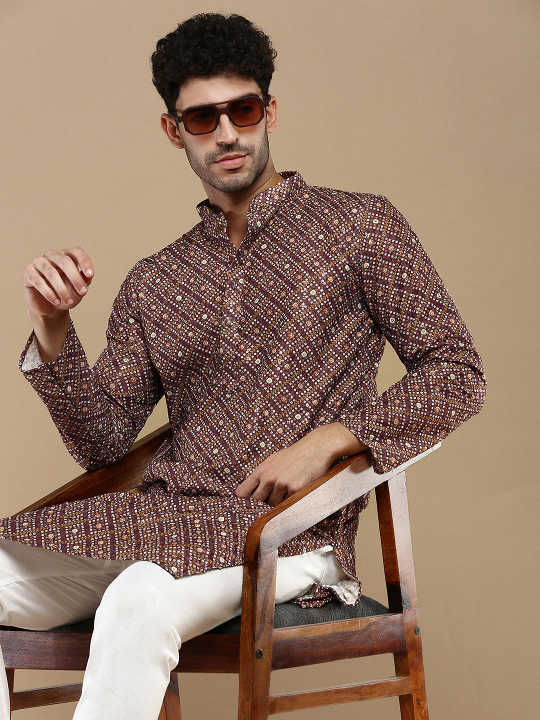 Anouk Rust Bandhani Printed Sequinned Mandarin Collar Cotton Straight Kurta