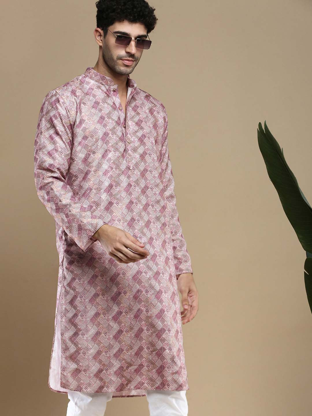 Anouk Rust Pink Abstract Printed Zari Mandarin Collar Cotton Straight Kurta