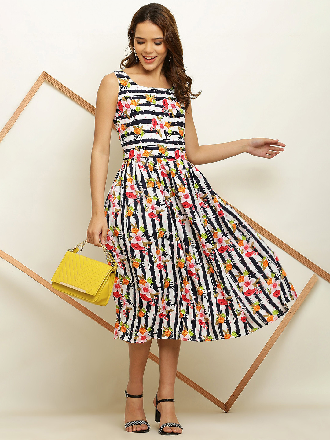 ADDICTED ATTIRE Striped Printed Crepe Fit & Flare Midi Dress
