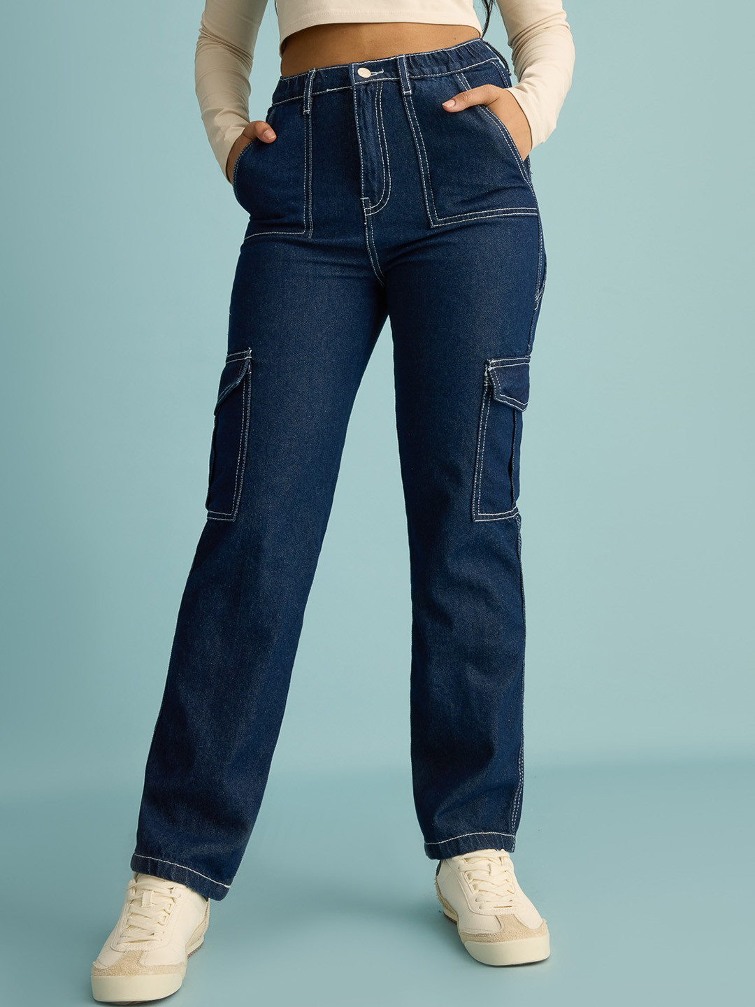 FREAKINS Women High-Rise Contrast Stitch Pure Cotton Cargo Jeans