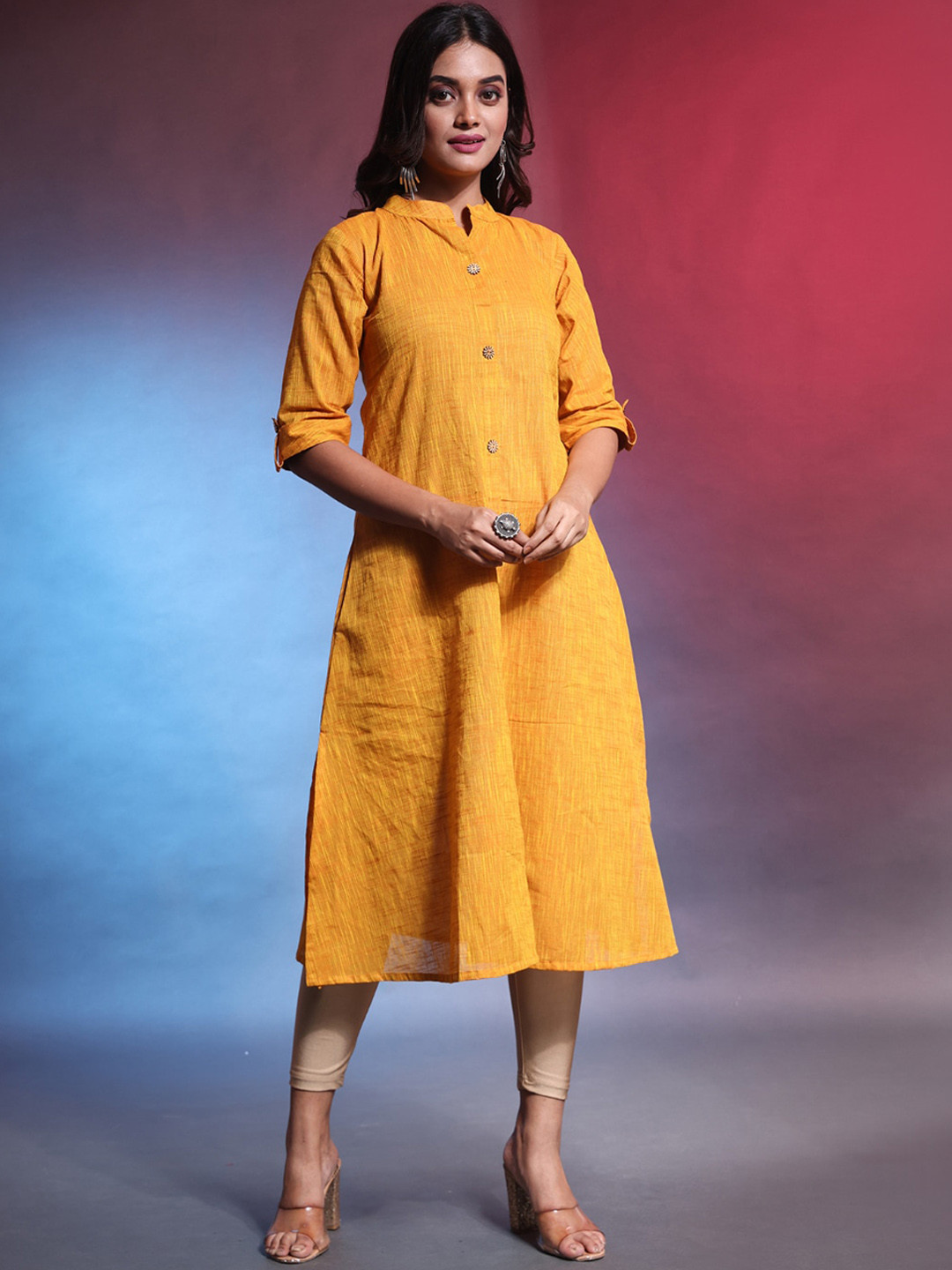 Charukriti Woven Design Mandarin Collar Cotton A-Line Kurta