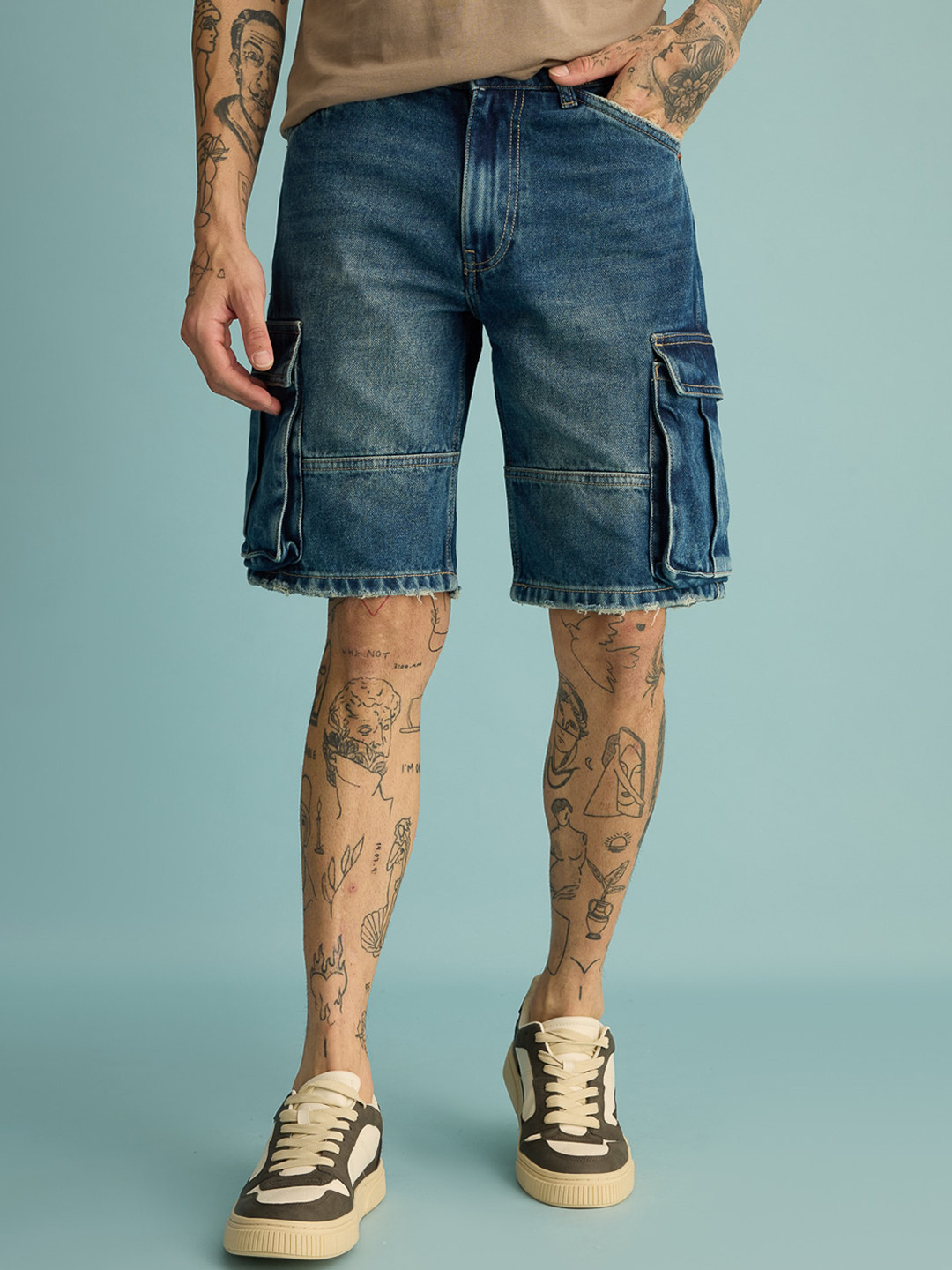 FREAKINS Men Washed Denim Cargo Shorts