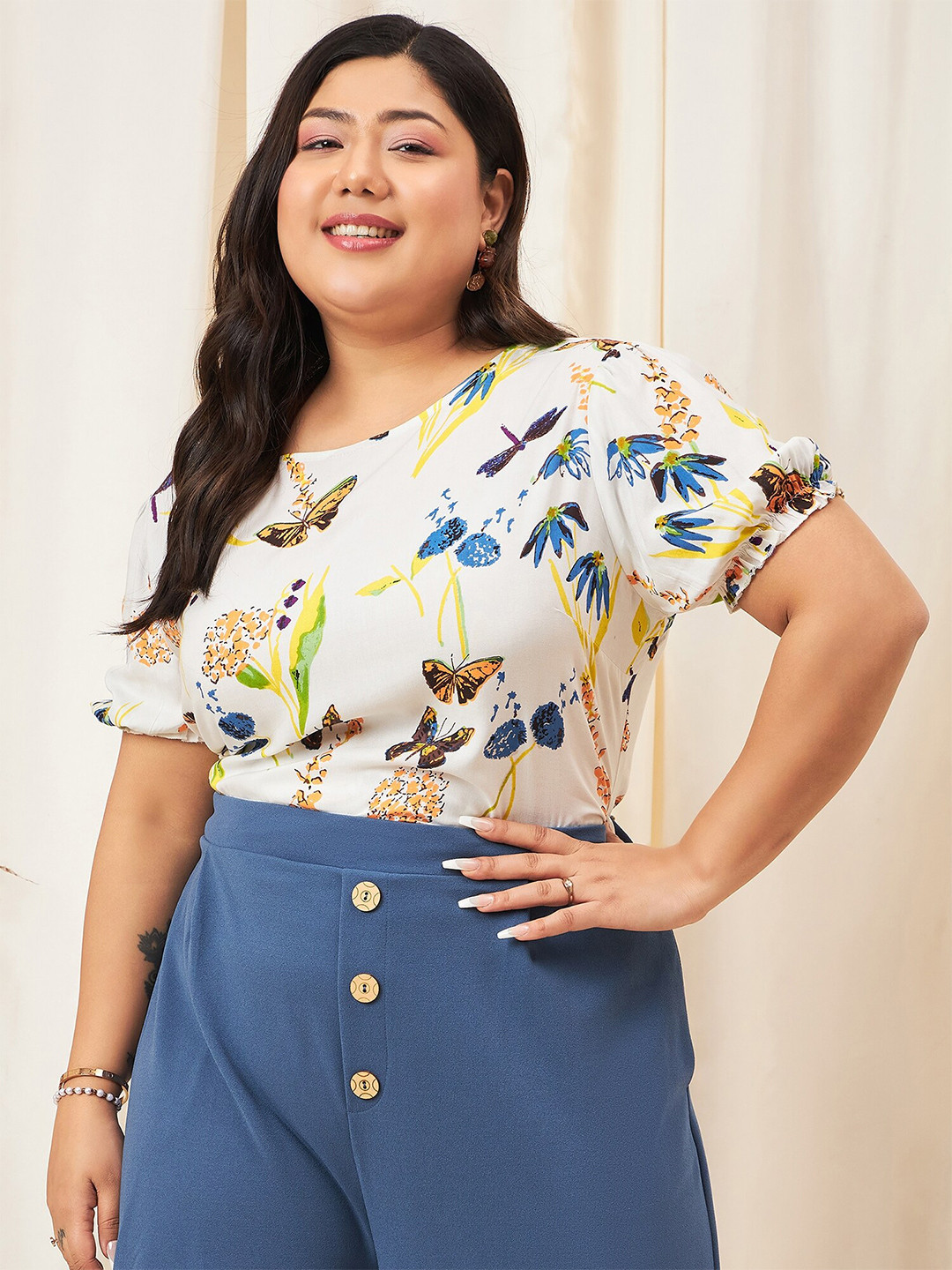 Berrylush Curve Plus Size Floral Print Puff Sleeves Styled Back Top