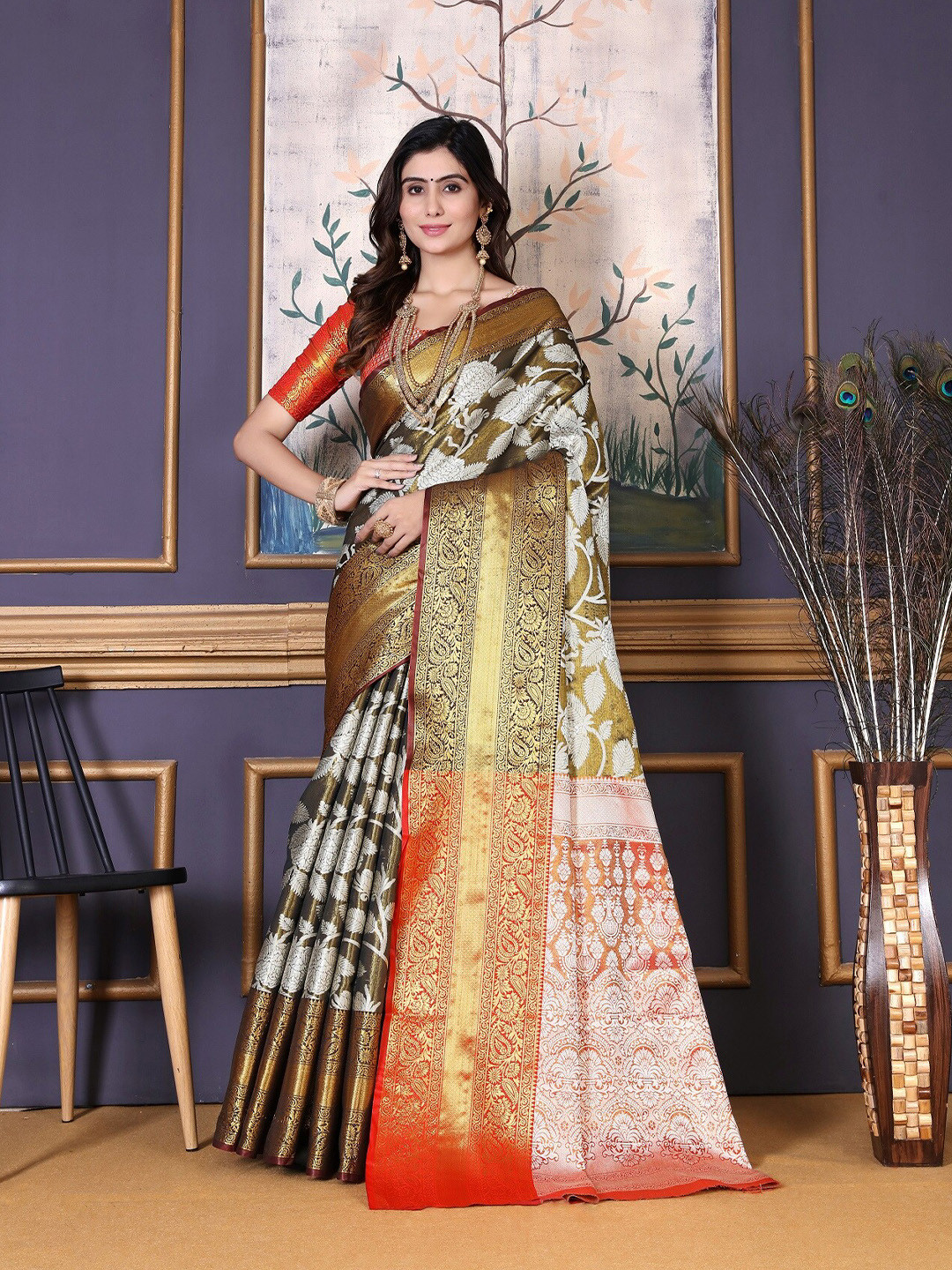 AKSH FASHION Ethnic Motifs Zari Art Silk Kanjeevaram Saree
