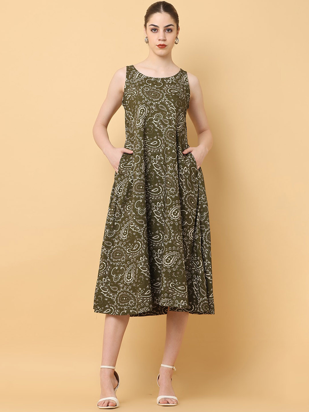 BLACK & BLAH BLAH Relaxed Fit Paisley Printed A-Line Cotton Linen Midi Dress