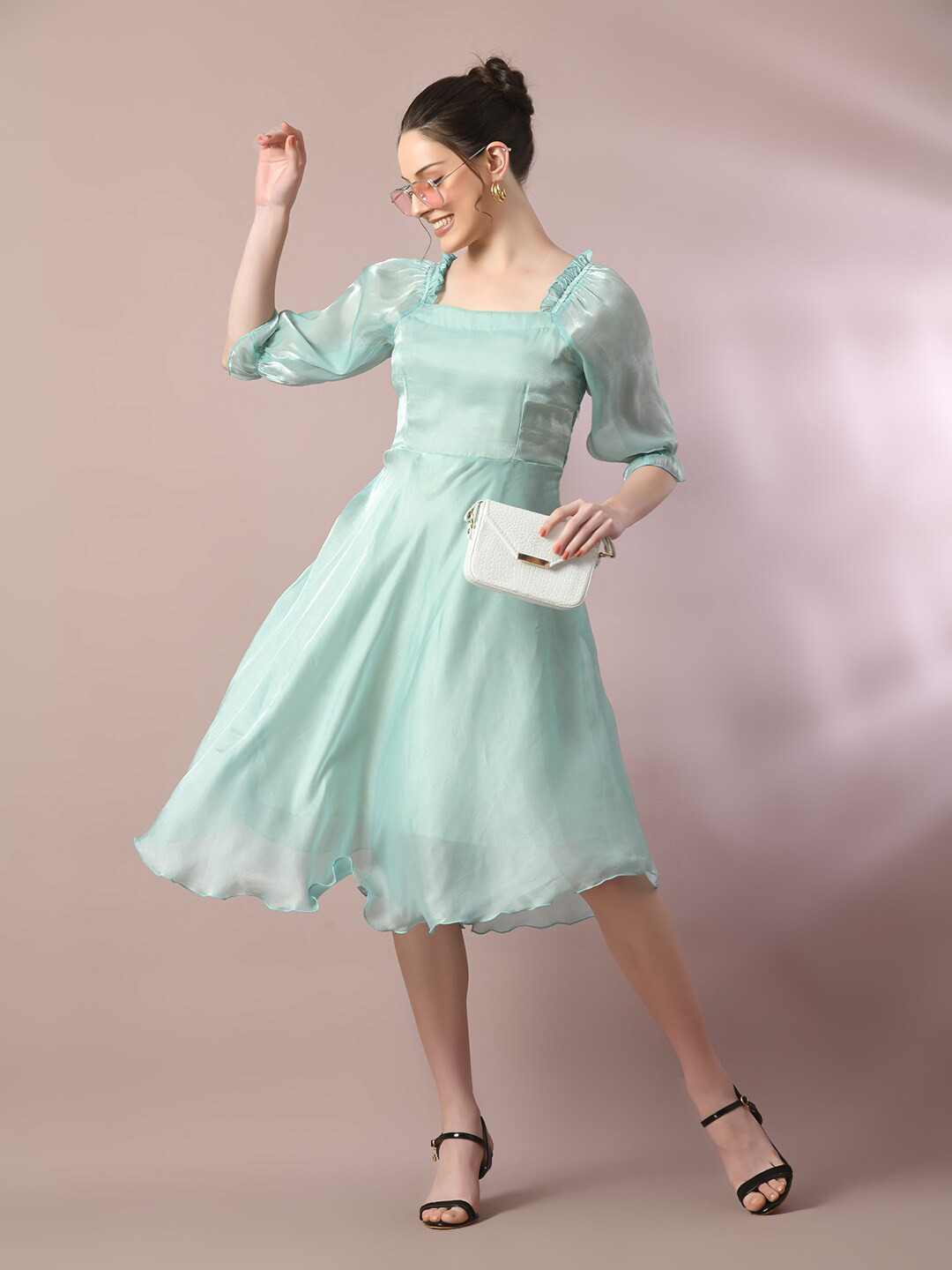 Myshka Square Neck Puff Sleeves Sheen Silk Fit & Flare Dress