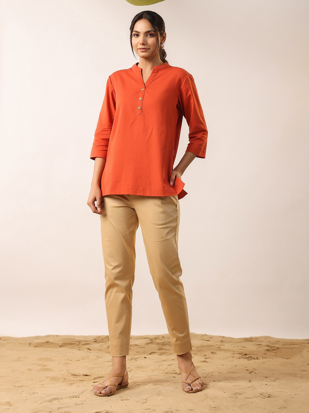 JISORA Orange-Coloured Mandarin Collar Pure Cotton Top