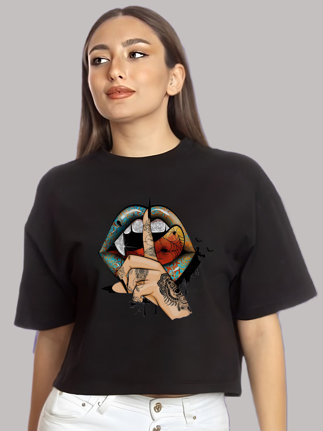 Elibolz Graphic Printed Drop-Shoulder Sleeves Cotton Crop Oversized T-Shirt