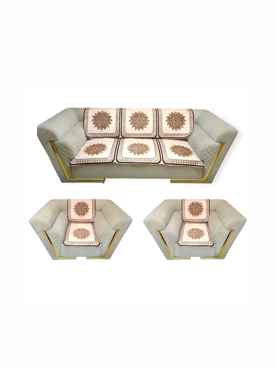 MONKDECOR Cream-Coloured & Brown Printed Velvet Sofa Cover