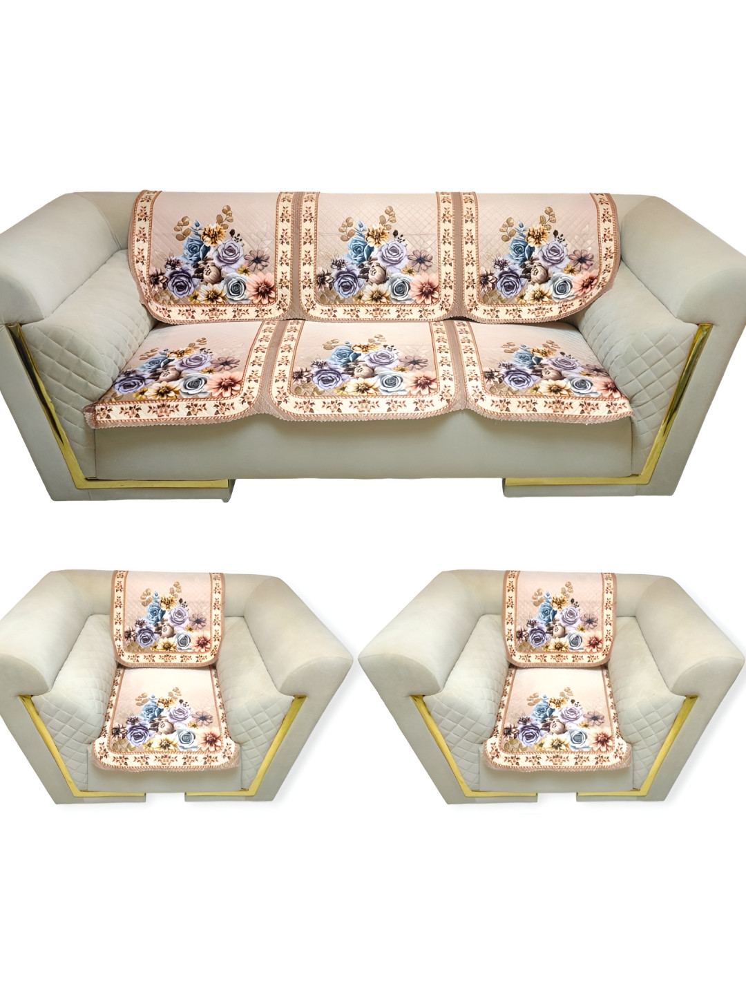MONKDECOR Brown & Blue 5 Pieces Printed Velvet Sofa Covers