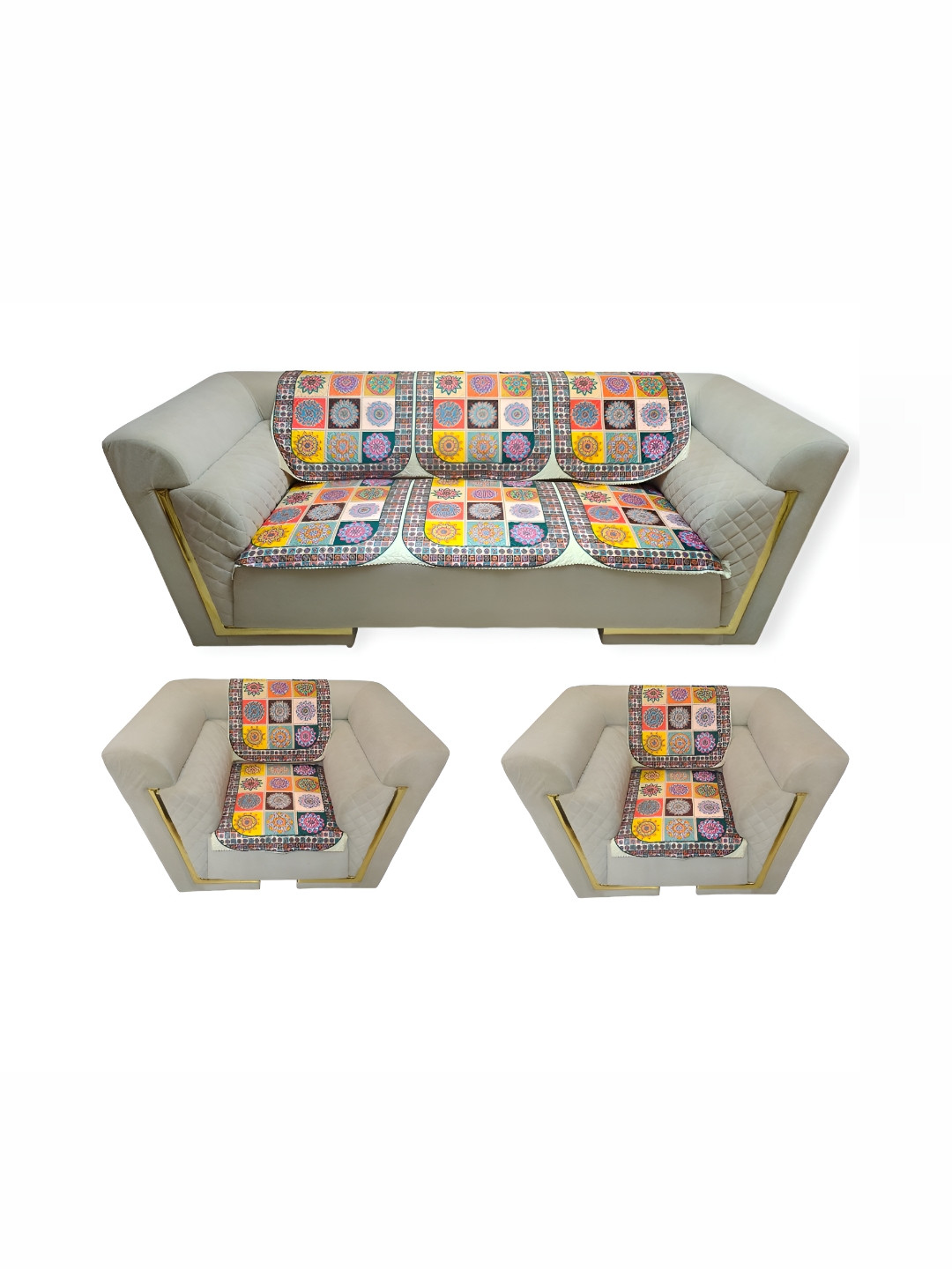 MONKDECOR Yellow & White Printed Velvet Sofa Cover