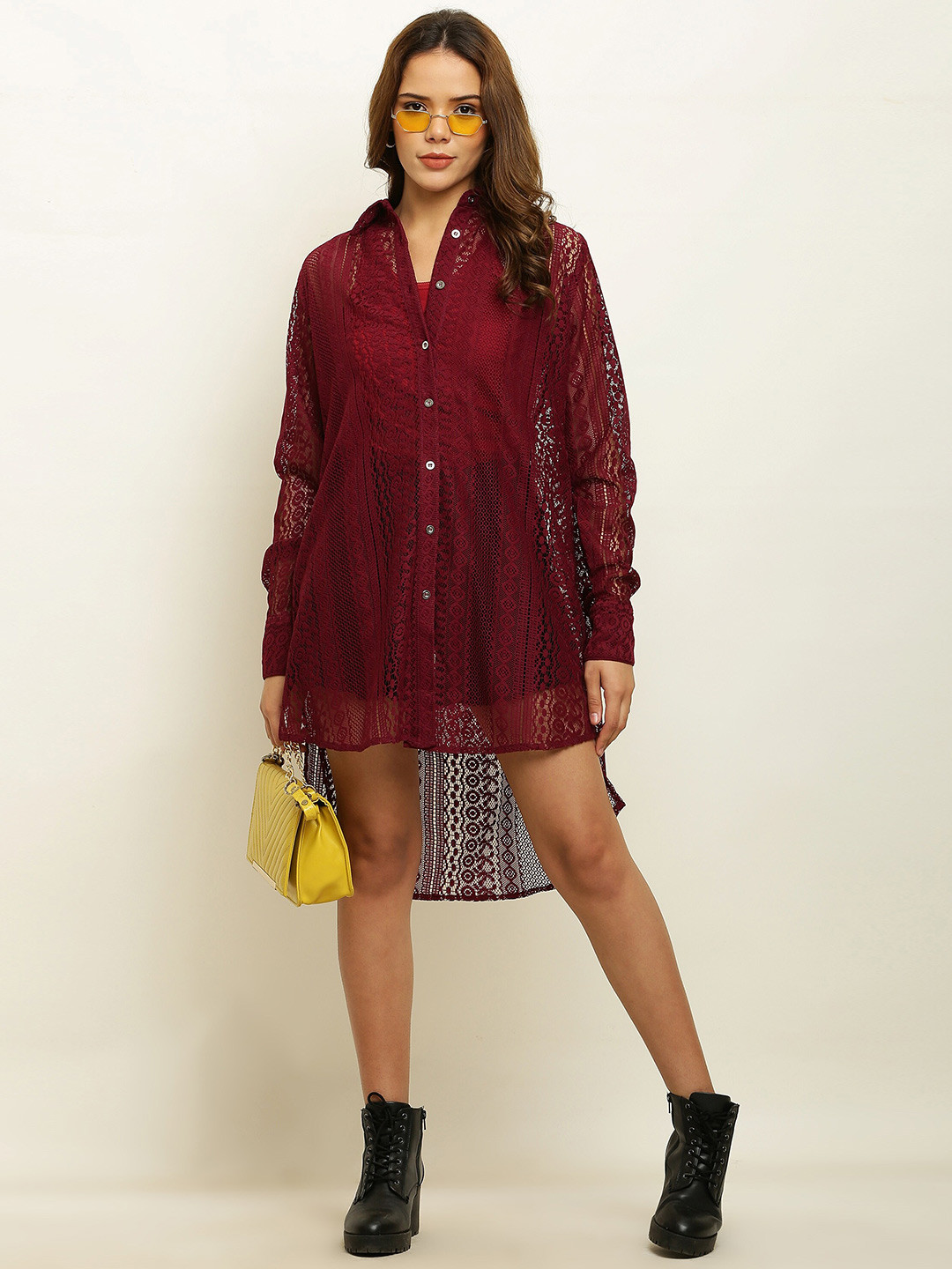ADDICTED ATTIRE Self Design Spread Collar Long Sleeves Net Longline Shirt