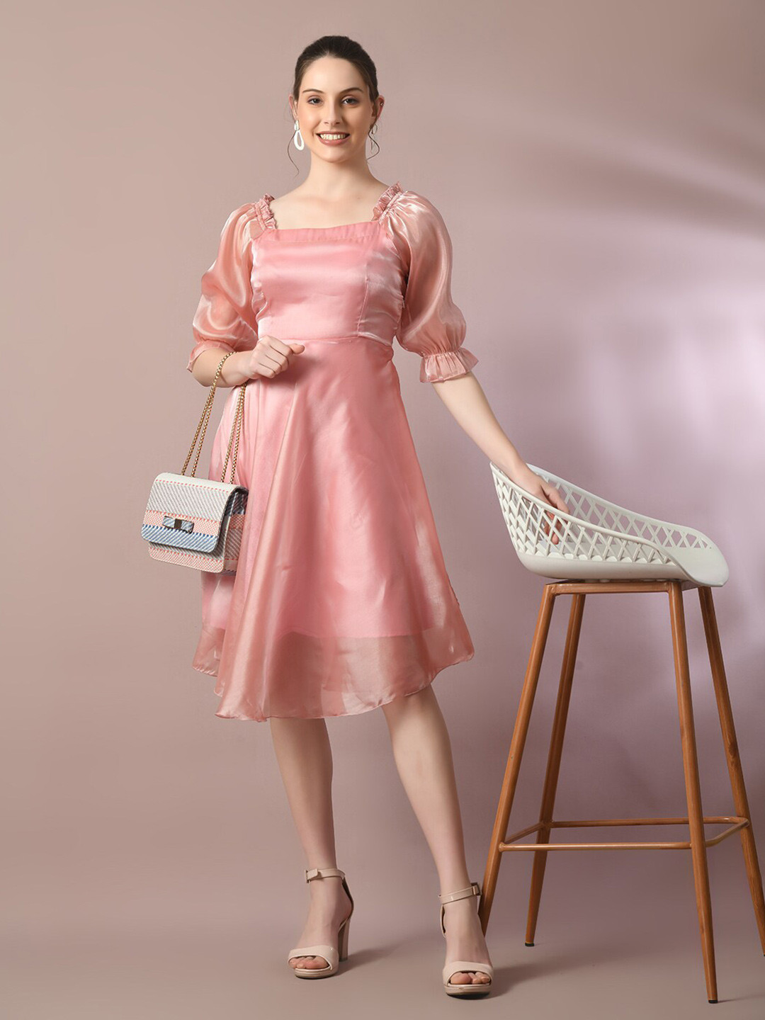 HERE&NOW Square Neck Bell Sleeve Silk Fit & Flare Dress