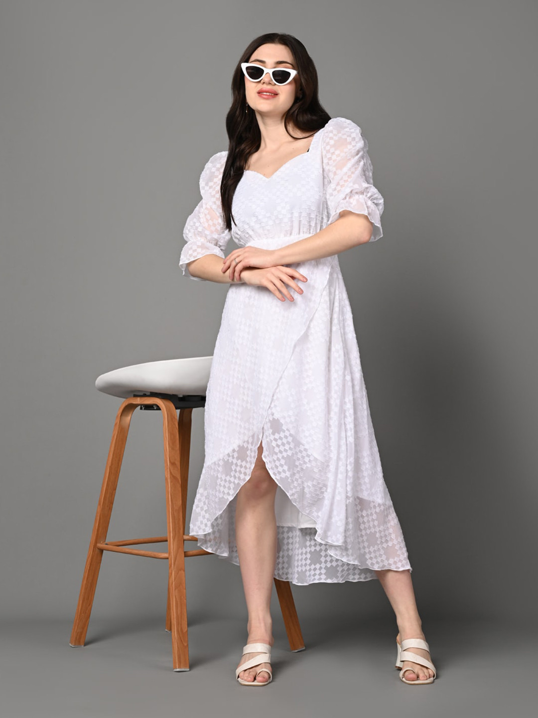 Justin Whyte Striped Jacquard Sweetheart Neck Wrap Midi Dress