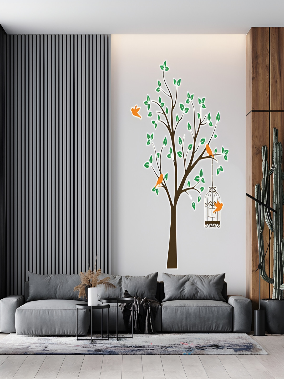 Wallpics Brown & Green Tree with Bird Cage Printed Water Resistant Wall Sticker