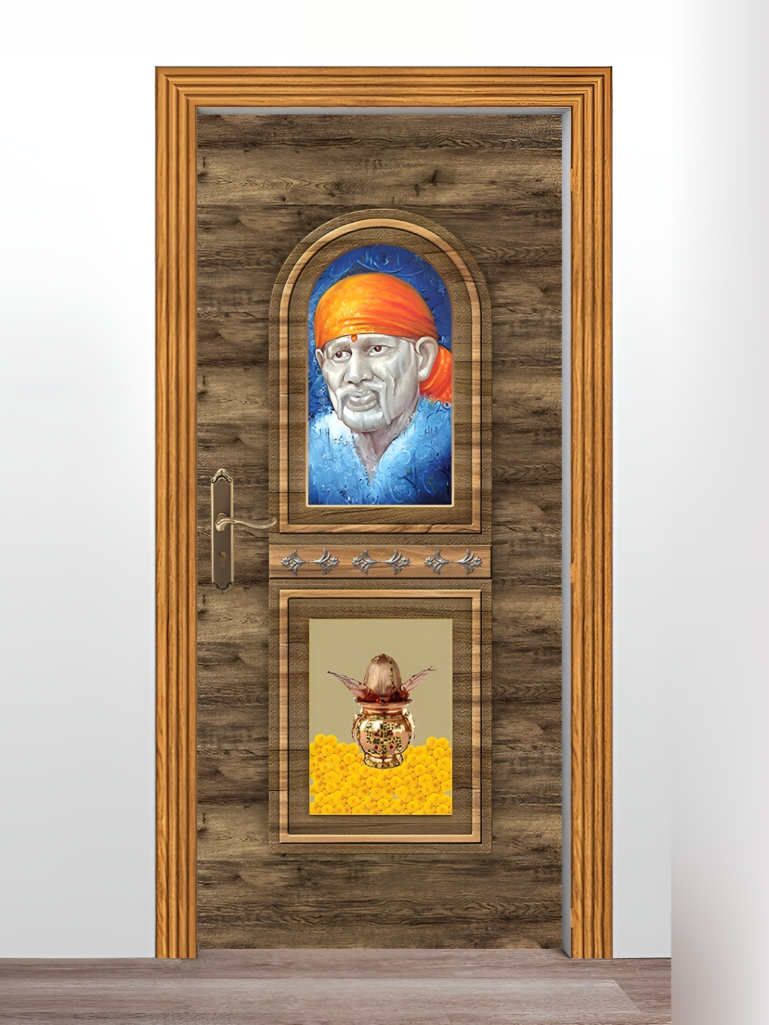 Wallpics Brown & Blue Saibaba & Kalash Printed Water Resistant Door Sticker