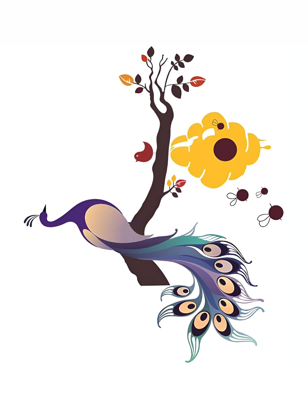 Wallpics Purple & Yellow Peacock Printed Waterproof Wall Sticker