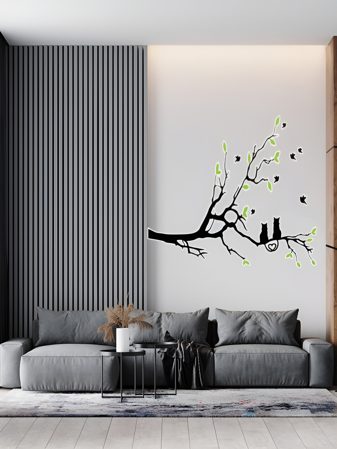 Wallpics Black & Green Tree With Birds Printed Water Resistant Wall Sticker