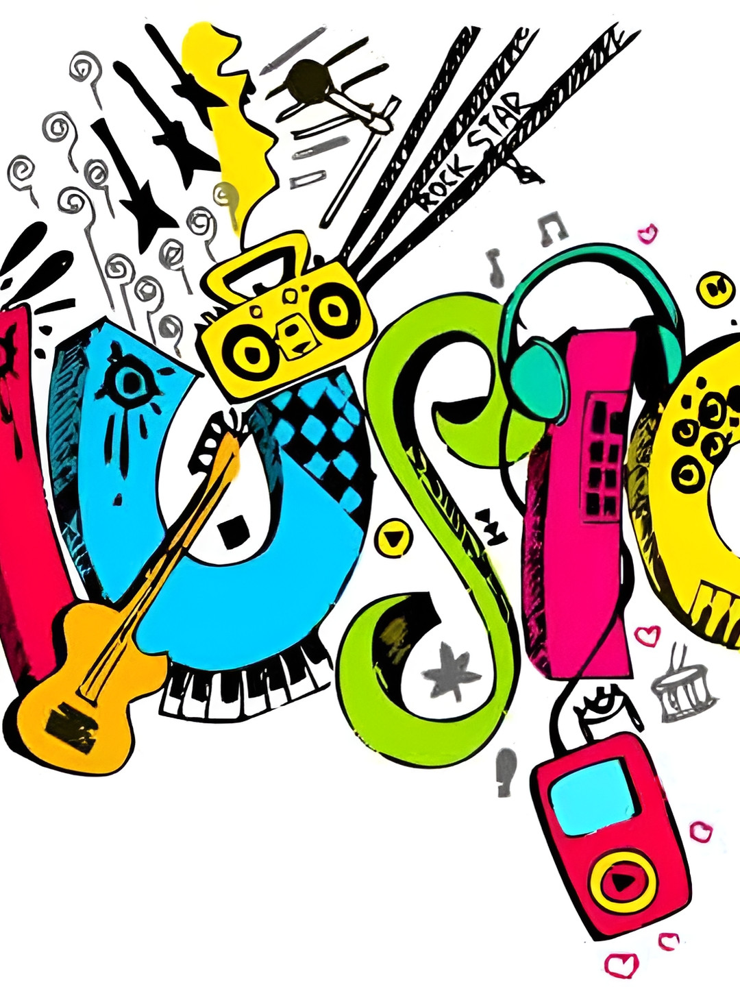 Wallpics Red & Blue Music Printed Water Resistant Wall Sticker