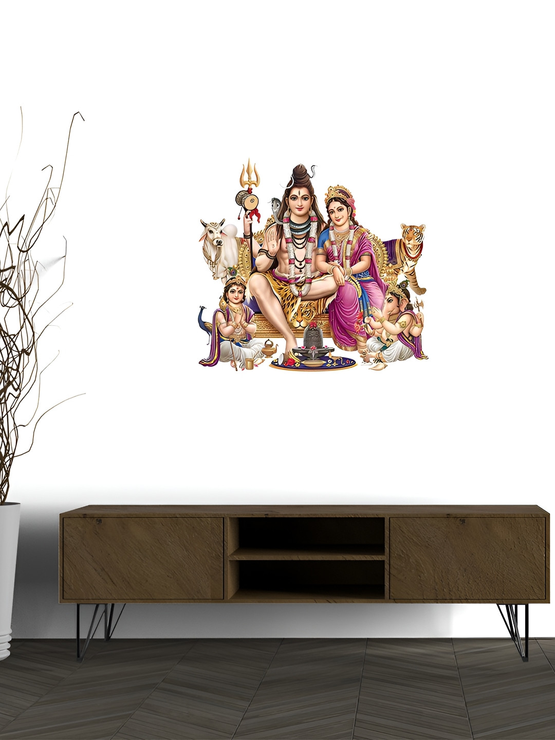 Wallpics Brown & Pink Lord Shiva with Family Printed Water Resistant Wall Sticker