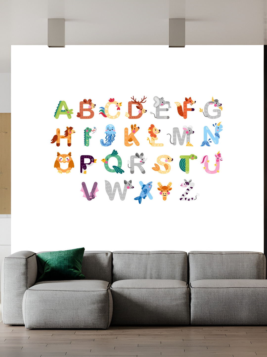 Wallpics White & Green Alphabets Printed Waterproof Wall Sticker