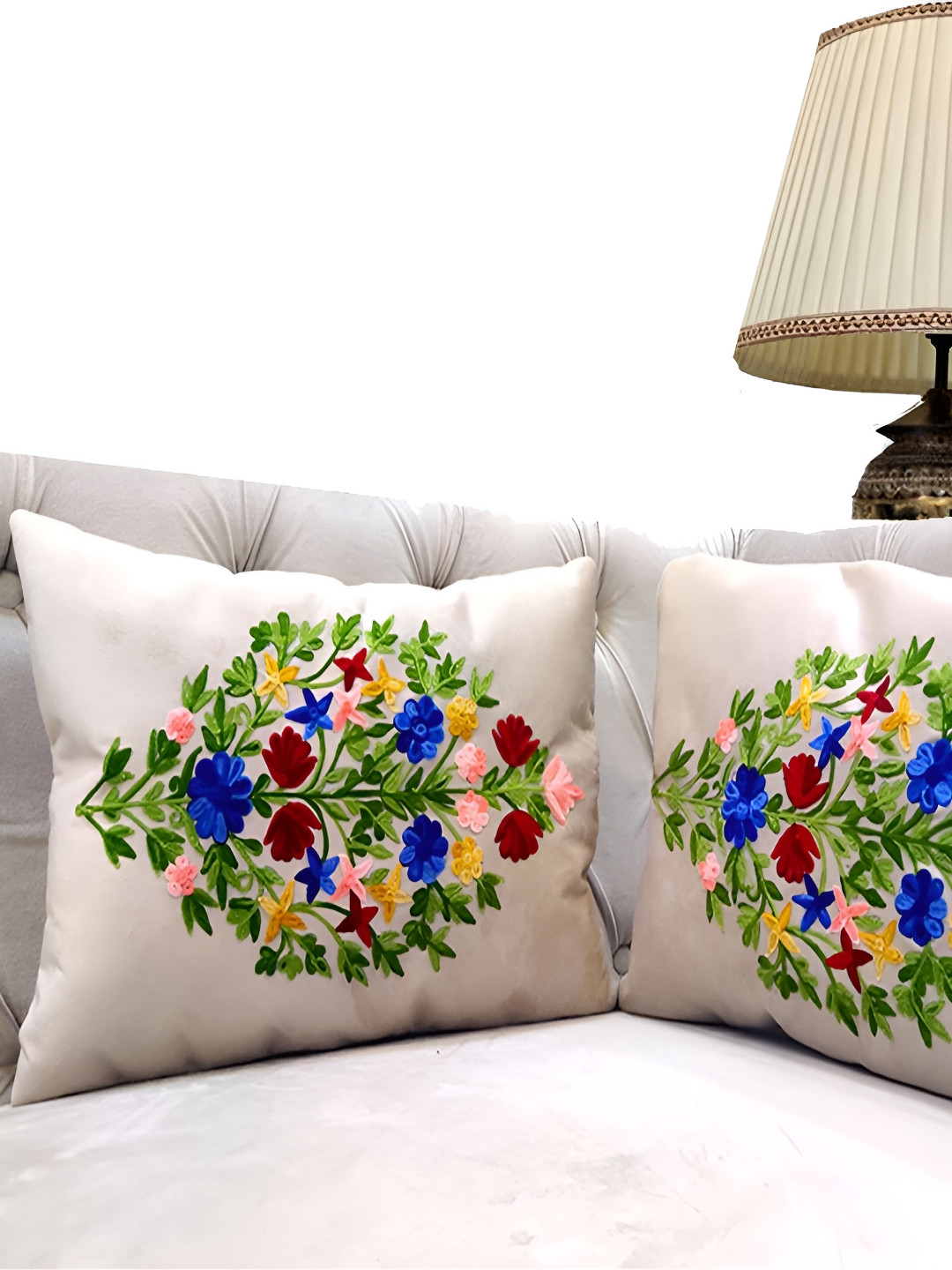 Good Vibes Beige Embroidered Velvet Washable 2 Pcs Cushion Covers - 11.8 x 17.7 Inches