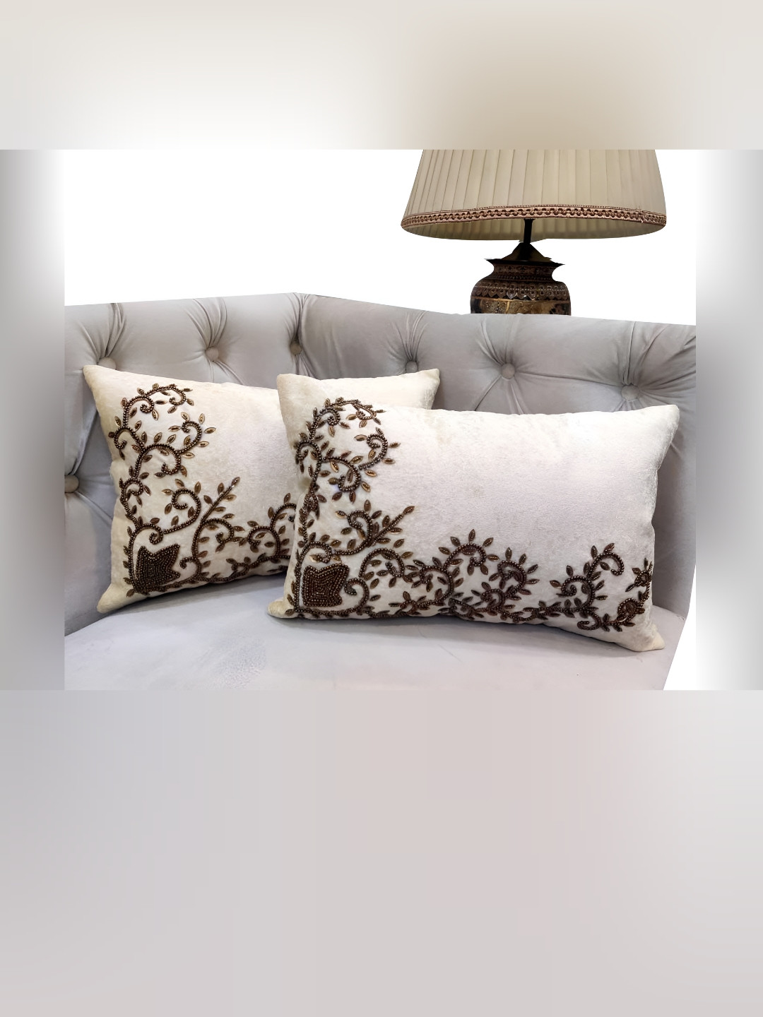 Good Vibes Embroidered White Embellished Velvet 2 Pcs Rectangle Cushion Covers -12x18In