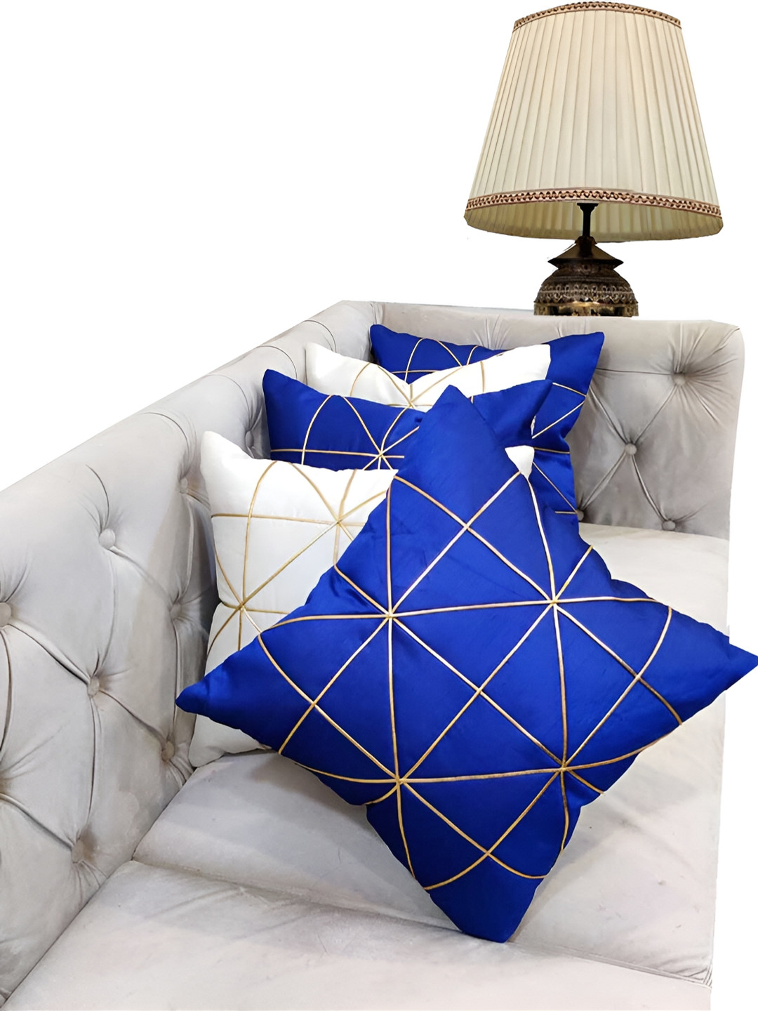 Good Vibes White Geometric Polyester Silk Washable 5 Pcs Patchwork Cushion Covers -16x16In
